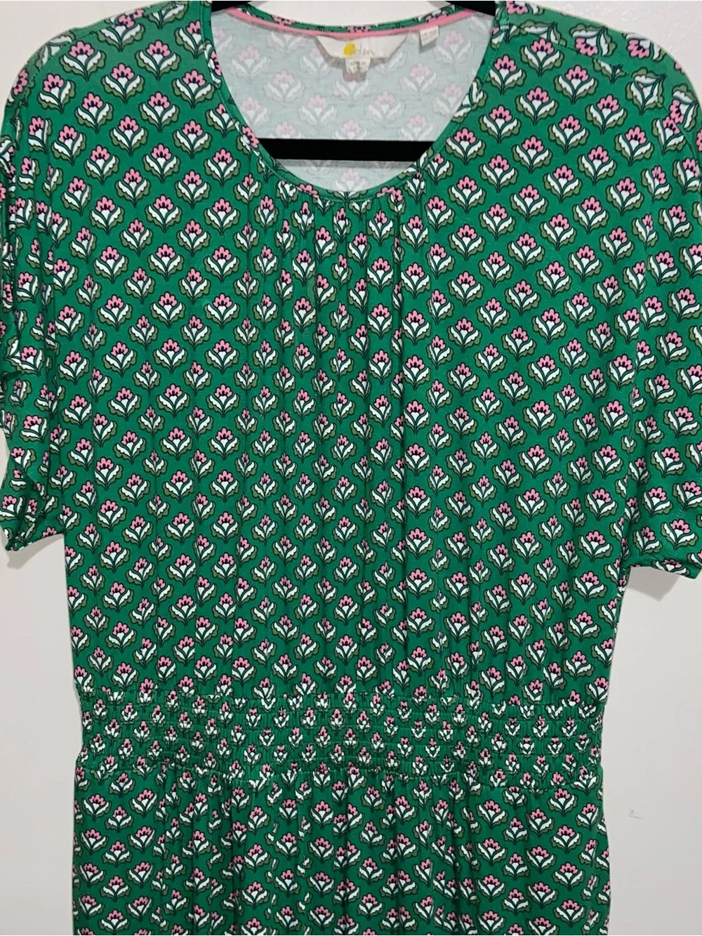 Boden Dress Womens Size 12 Highland Geo Floral Kelly Green Smocked Waist Pockets - Picture 6 of 14